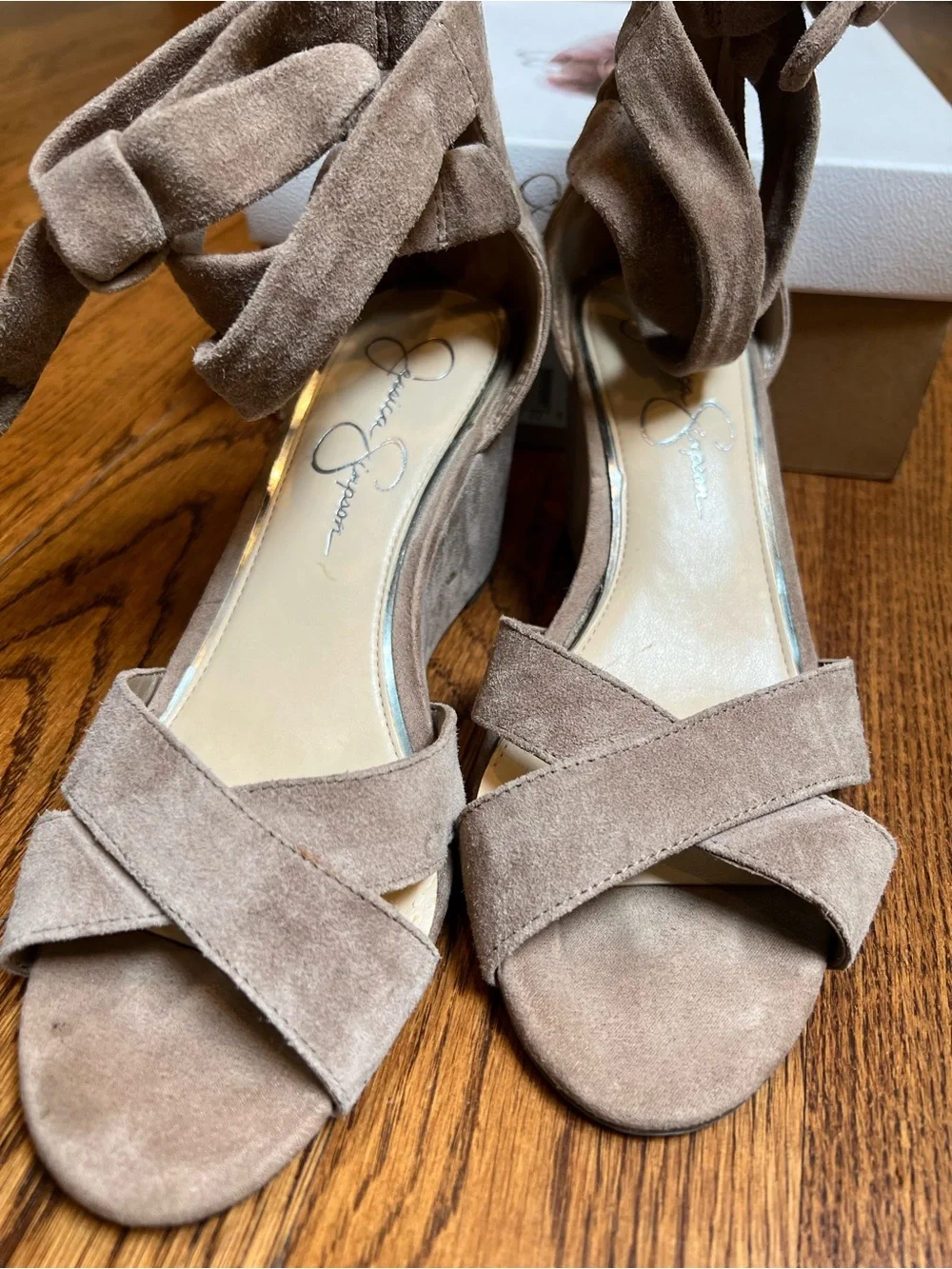 Jessica Simpson Taupe Suede Crisscross Ankle Tie Wedge Sandals